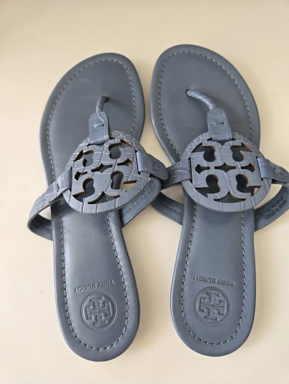 Tory Burch Croc Embossed Blue Miller Sandals